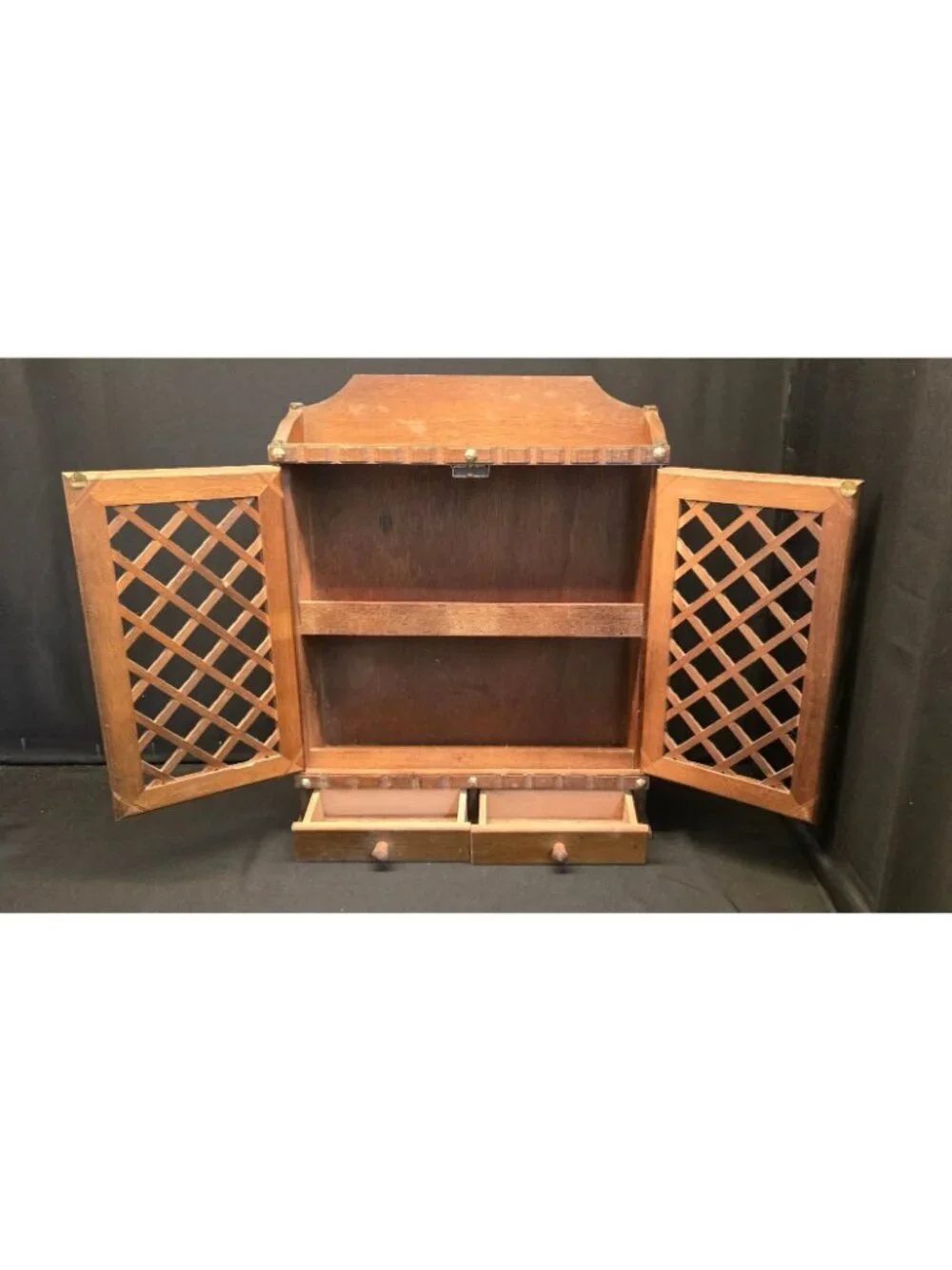 Vintage Wooden Wall Mount Spice Rack Lattice Doors Mini Drawers Retro Kitchen